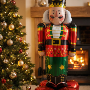 Большая фольгированная фигура Щелкунчик в красном мундире стоящая на полу рядом с новогодней елкой