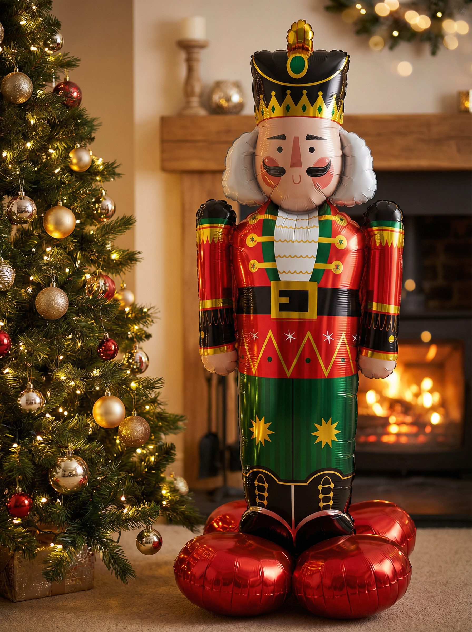 Большая фольгированная фигура Щелкунчик в красном мундире стоящая на полу рядом с новогодней елкой Большая фольгированная фигура Щелкунчик в красном мундире стоящая на полу рядом с новогодней елкой