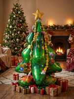 Большой фольгированный шар в форме новогодней елки зеленого цвета с золотой звездой и принтом игрушек в праздничном интерьере.