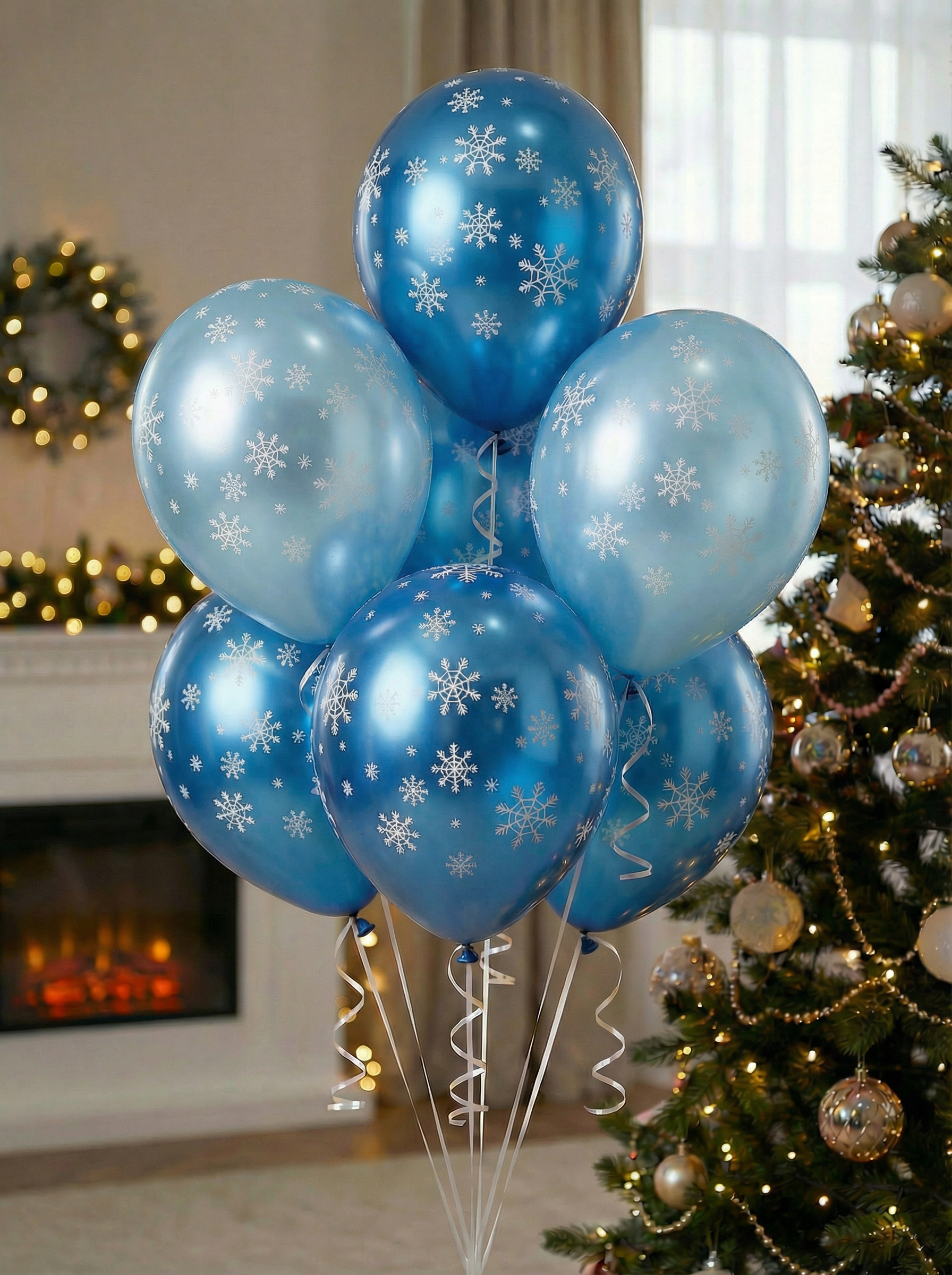 Букет из синих и голубых латексных шаров с серебристым принтом снежинок на фоне новогодней елки. Букет из синих и голубых латексных шаров с серебристым принтом снежинок на фоне новогодней елки.