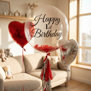 Прозрачный шар Bubble с черной надписью Happy 1st Birthday, красными перьями внутри и фольгированными сердцами в интерьере.