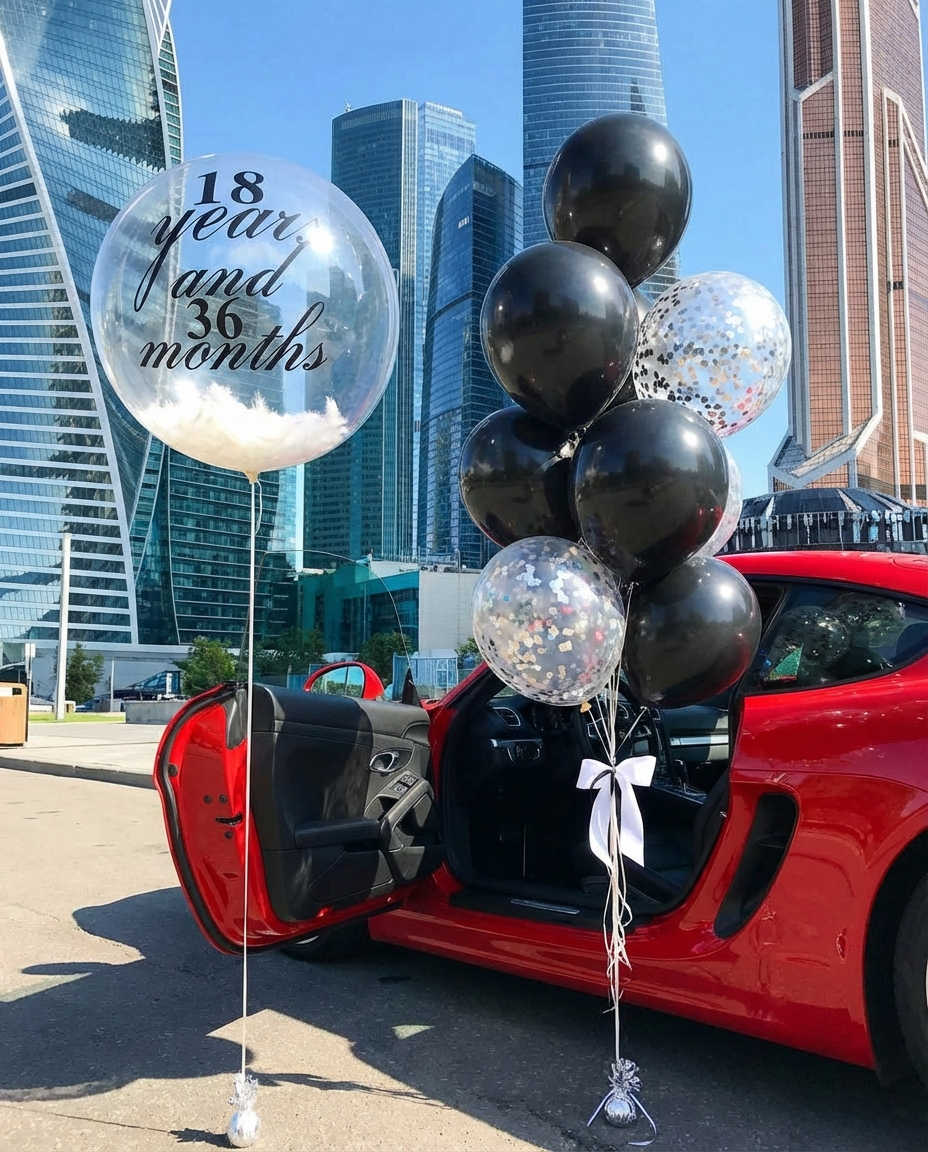 Прозрачный шар Bubble с перьями и надписью 18 years and 36 months рядом с связкой черных шаров с конфетти на фоне небоскребов. Прозрачный шар Bubble с перьями и надписью 18 years and 36 months рядом с связкой черных шаров с конфетти на фоне небоскребов.