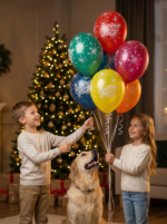 Разноцветные латексные воздушные шары с белой надписью С Новым Годом и рисунком салюта в праздничном интерьере