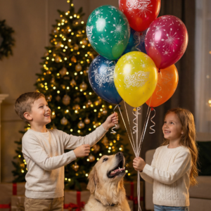 Разноцветные латексные воздушные шары с белой надписью С Новым Годом и рисунком салюта в праздничном интерьере